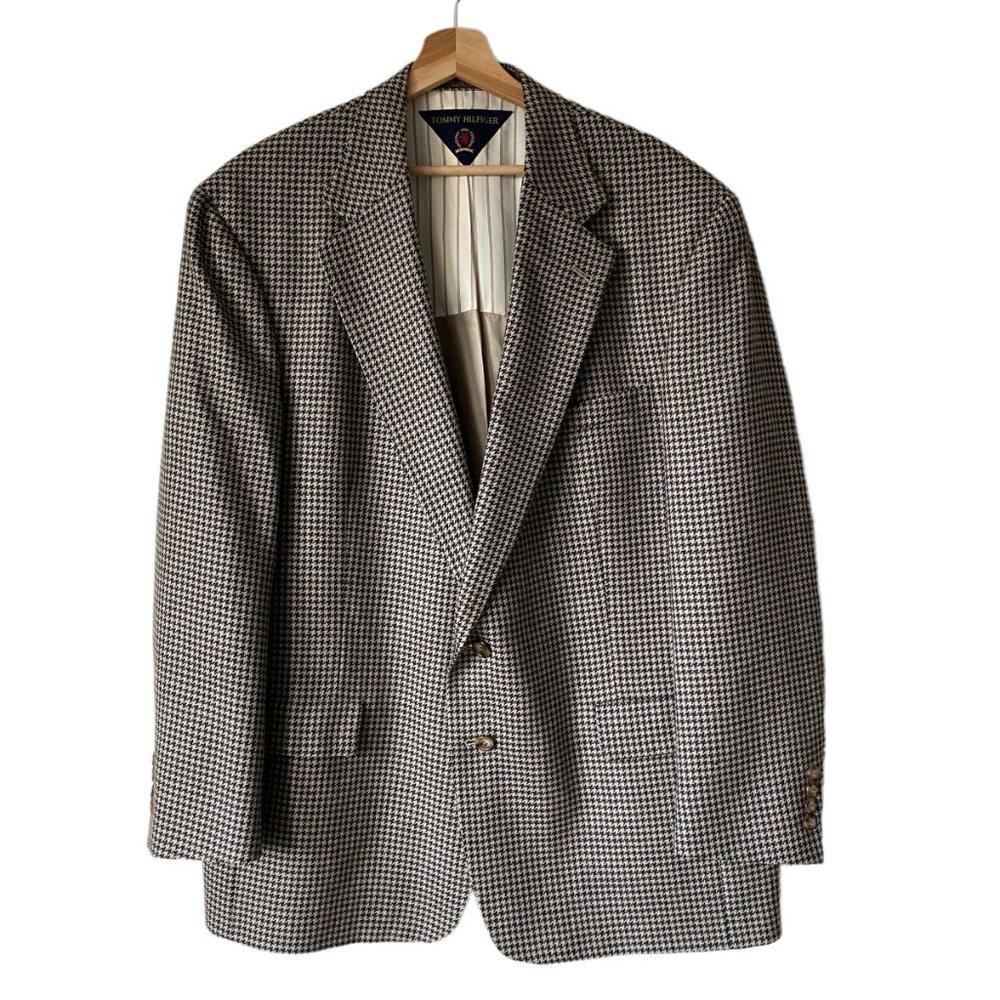 Vintage Tommy Hilfiger Classic Wool Houndstooth Blazer Sport Coat Black Tan 46R